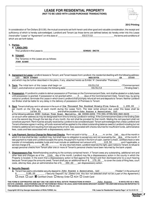 Georgia Association Of Realtors Lease For Residential Property 2020