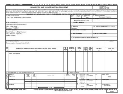 Dd Form 1149 Requisition And Invoiceshipping Document June