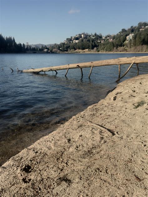 A Long Wooden Dock Sitting On The Side Of A Lake Next To A Sandy Shore