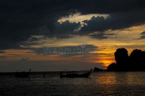 Silhouette Of Cliff At Sunset On Sea Beach Seaside Resort In Thailand