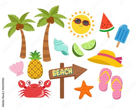 Summer Tropical Beach Elements Collection Flat Vector Cartoon Design