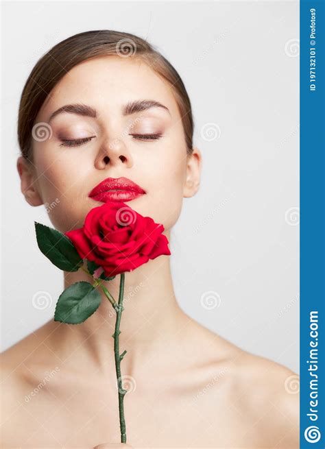 Lady With Rose Closed Eyes Flower Near The Face Cute Face Stock Image