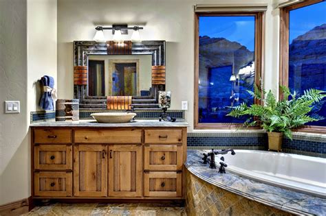 Gorgeous Southwest Bathroom Love The Blue Stone And Rustic Wood