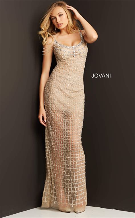 Jovani 05997 Nude Silver Scoop Neckline Embellished Prom Gown