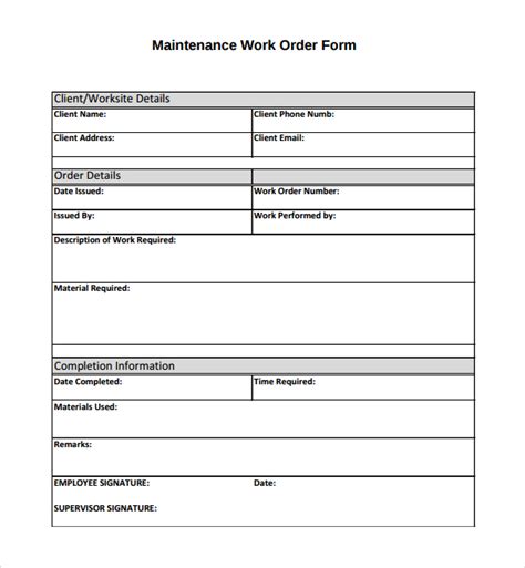 Free Printable Maintenance Work Order Forms