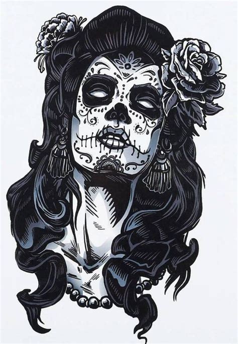 Sugar Skull Lady Black And White Temporary Tattoo Girl