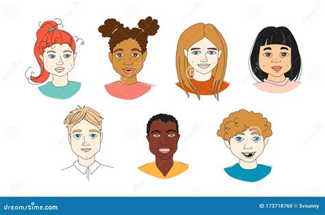 Set Of Kid S Diversity Head Portraits Line Drawing Doodle Poster Stock