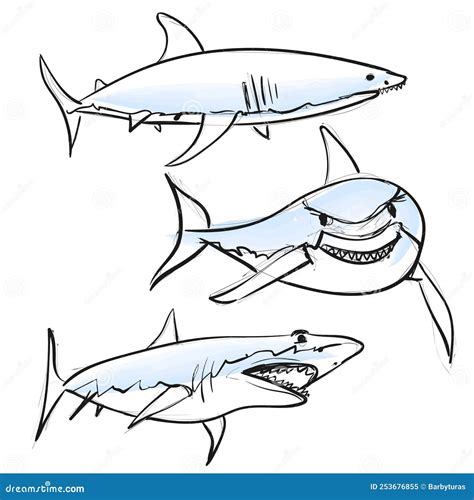 Ilustración Aislada Del Vector De Conjunto De Tiburones Dibujada A Mano