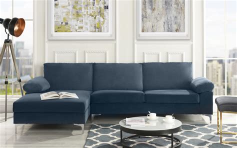 Modern Velvet Fabric Sectional Sofa Large L Shape Couch With Wide Chaise Lounge Navy Walmart Com