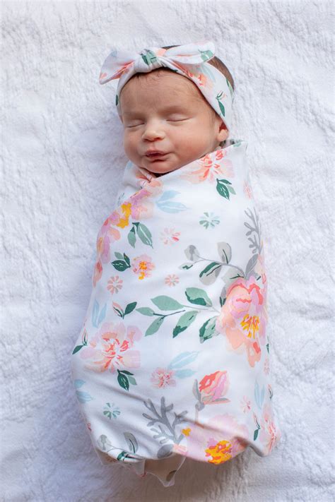 White Pink Floral Baby Girl Swaddle Blanket & Headband Set Baby Shower - Baby Be Mine