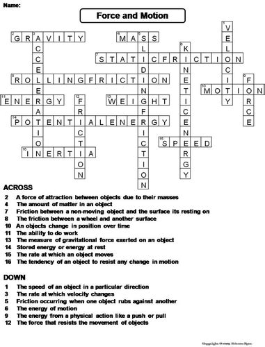 Force And Motion Crossword Puzzle Teaching Resources