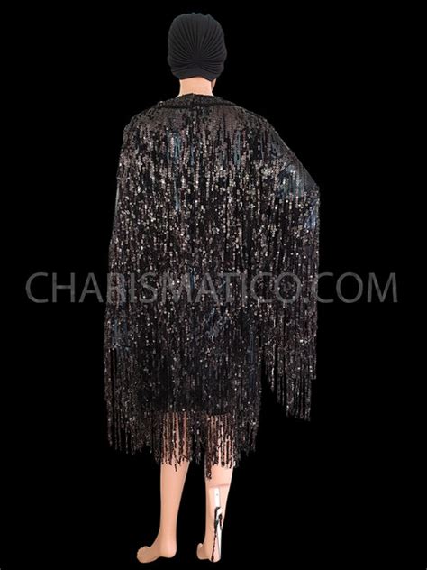 Black Sequin Fringe Drag Queen Dress With Gold Floral Neckline