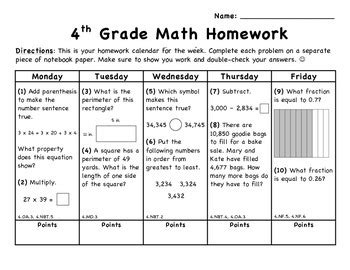 Grade 4 august holiday homework term 2, 2020. Weekly Math Homework Calendar - March (CCSS Aligned) by Ali Parker
