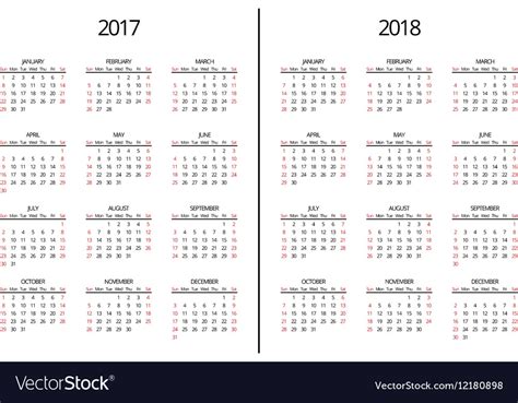 2017 Year And 2018 Calendar Page Simple Royalty Free Vector