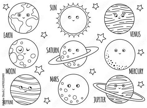Vector Black And White Planets Set For Children Outline Illustration