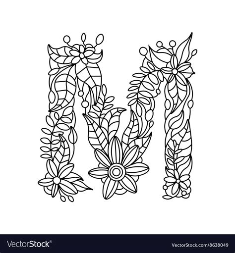 Enjoy this letter m coloring page which features a large letter m and pictures of things that start with this coloring page shows a large letter m with colorable pictures of a man, mug, mittens, monkey. Letter M coloring book for adults Royalty Free Vector Image