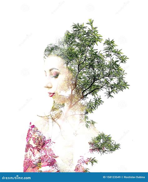 Double Exposure Of Young Beautiful Girl Among The Leaves And Trees