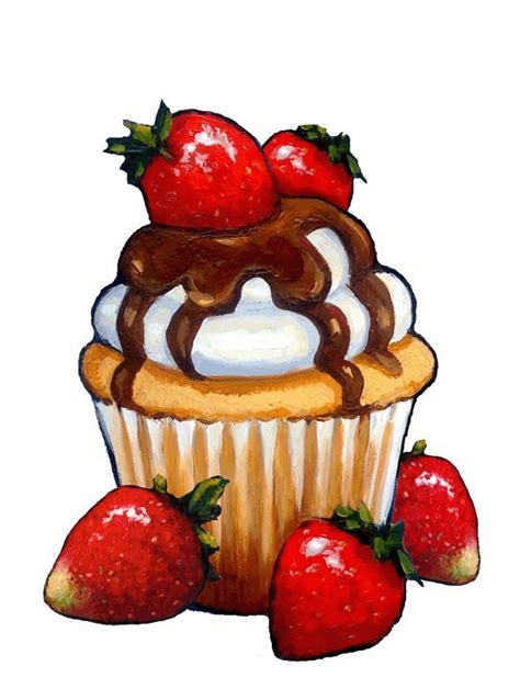 A Drawing Of A Cupcake With Strawberries On Top And Chocolate Sauce