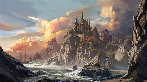 Fantasy City Building Castle Cloud Coast Sky Hd Wallpaper