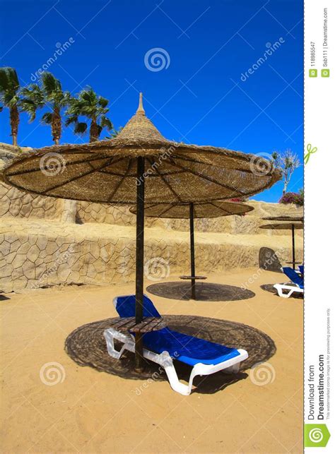 A Row Of Straw Umbrellas To Protect Against Overheating And Sunbeds On A Sandy Beach Against A