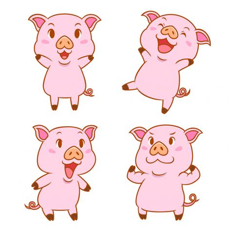 Set Of Cute Cartoon Pigs In Different Poses Vector