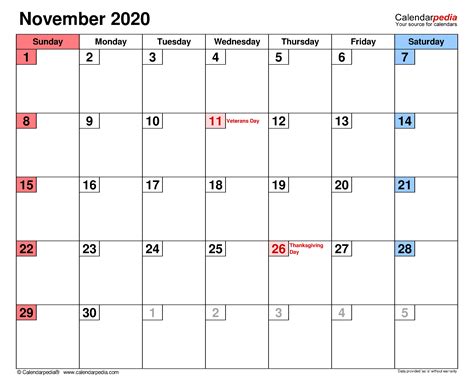 November 2020 Calendar Templates For Word Excel And Pdf