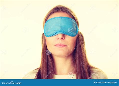 Brunette Woman Sleeping In Blue Eye Sleep Mask Stock Image Image Of Relax Sleep 103541689