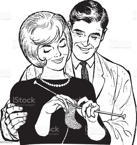 Illustration Of Husband Watching Wife Crocheting Stok Vektör Sanatı