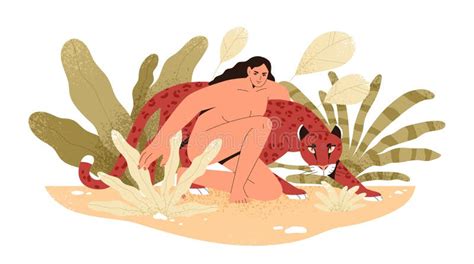 Wilderness Naked Woman Hug Jaguar At Tropical Bushes Vector Flat Illustration Predator And