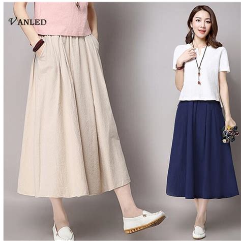 Olome 2018 New Design Women Cotton Linen Maxi Skirts Summer Elegant Solid Casual Women Long