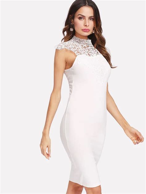 Solid Nude Sexy Backless White Lace Bandage Dress Knitted Elastic