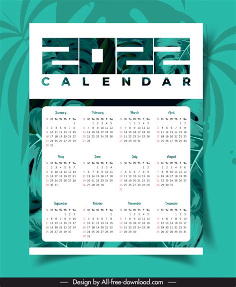2022 Calendar Template Classical Green Leaves Decor Vectors Graphic Art