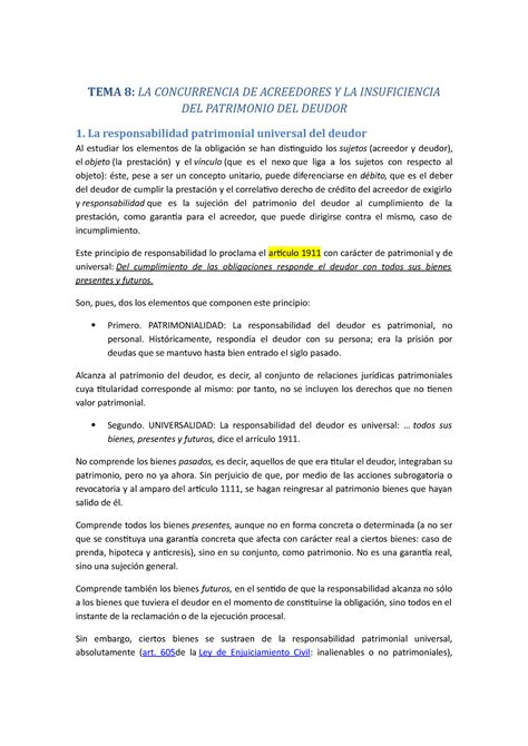 Tema 8 Derecho Civil Ii La Concurrencia De Acreedores Y La