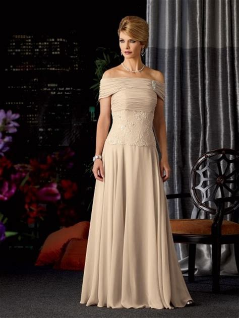A Line Strapless Long Champagne Chiffon Lace Mother Of The Bride Dress