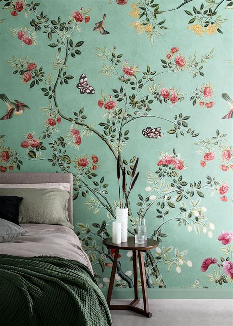 Camellia Chinoiserie Jade Green Wallpaper Murals