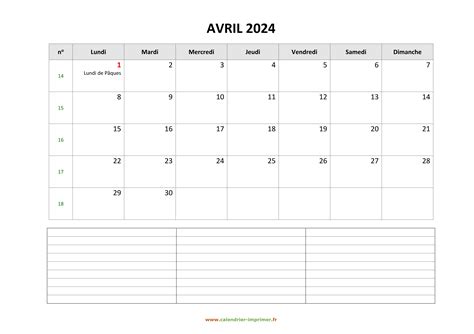 Calendrier Avril 2024 à Imprimer