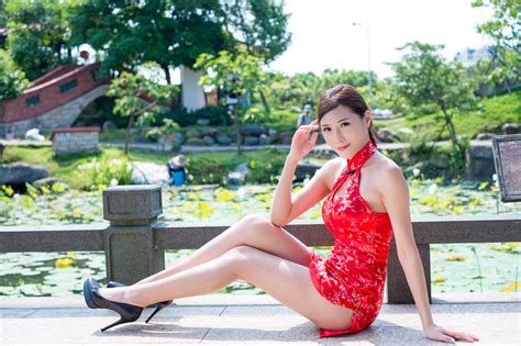 Wallpaper Model Brunette Long Hair Asian Women Outdoors Red Dress Minidress High Heels