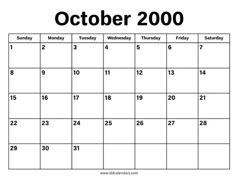 October 2000 Calendar Printable Old Calendars