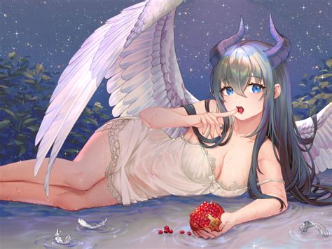 Aesice Original Highres 1girl Angel Wings Black Hair Blue Eyes Breasts Cleavage Demon