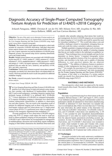 Pdf Diagnostic Accuracy Of Single Phase Computed Tomography Texture