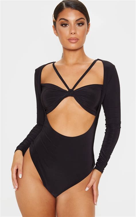 Black Slinky Front Cut Out Bodysuit Tops Prettylittlething Aus