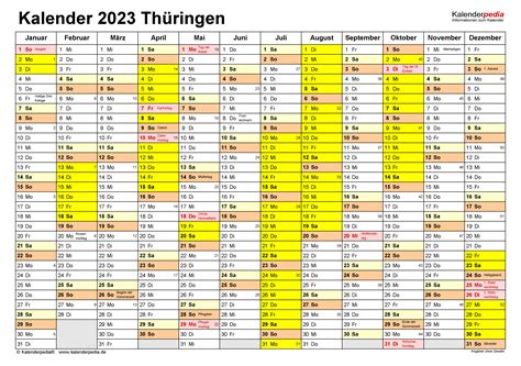 Kalender 2023 Thüringen Ferien Feiertage Pdf Vorlagen