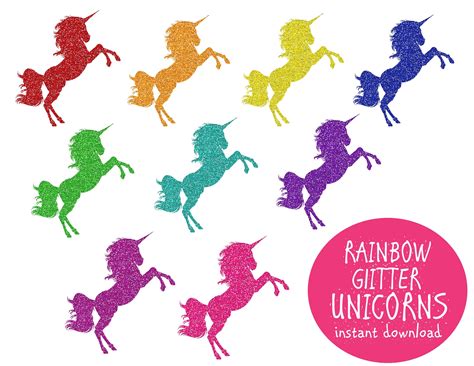 Glitter Rainbow Unicorns Clipart Clip Art Instant Digital