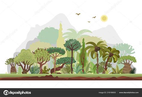向量水平热带雨林例证。丛林平面设计。森林风景与山在背景 载体设计。度假村热带夏日假期平面插图与树木 — 图库矢量图像© Lisaalisa