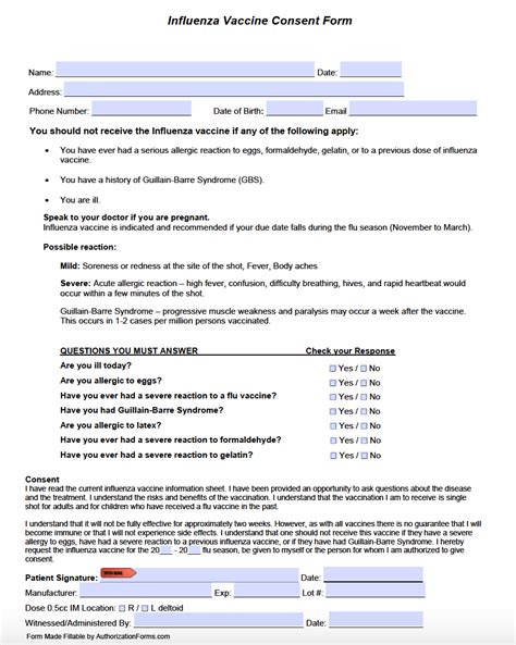 Flu Vaccine Consent Form Printable Forms Free Online