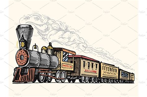 Engraved Vintage Hand Drawn Old Locomotive Or Train With Steam On