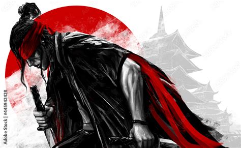 Artwork Illustration Of Japanese Samurai Warrior Kneeling With Swords
