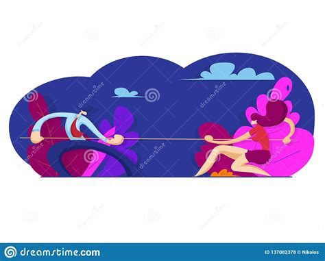 Tug Of War Man And Woman Are Pulling Rope Stock Vector Illustration Of Partners Challenge
