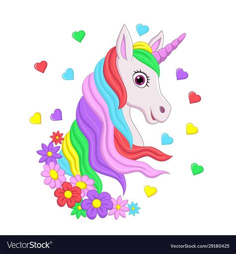 Illustration Of Cute Pink Unicorn Head With Rainbow Mane Flowers And