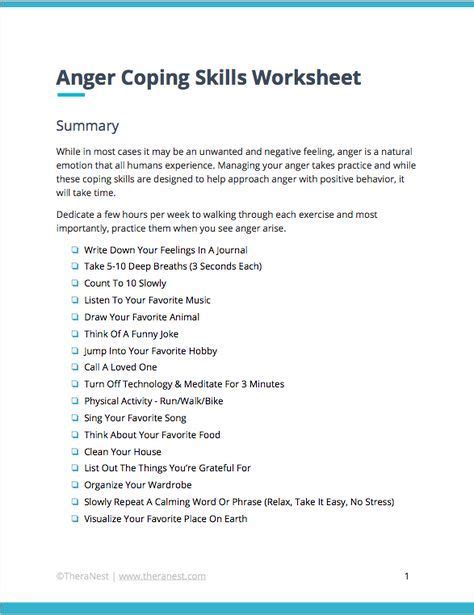 Coping Skills Worksheets And Techniques For Anger Management Theranest